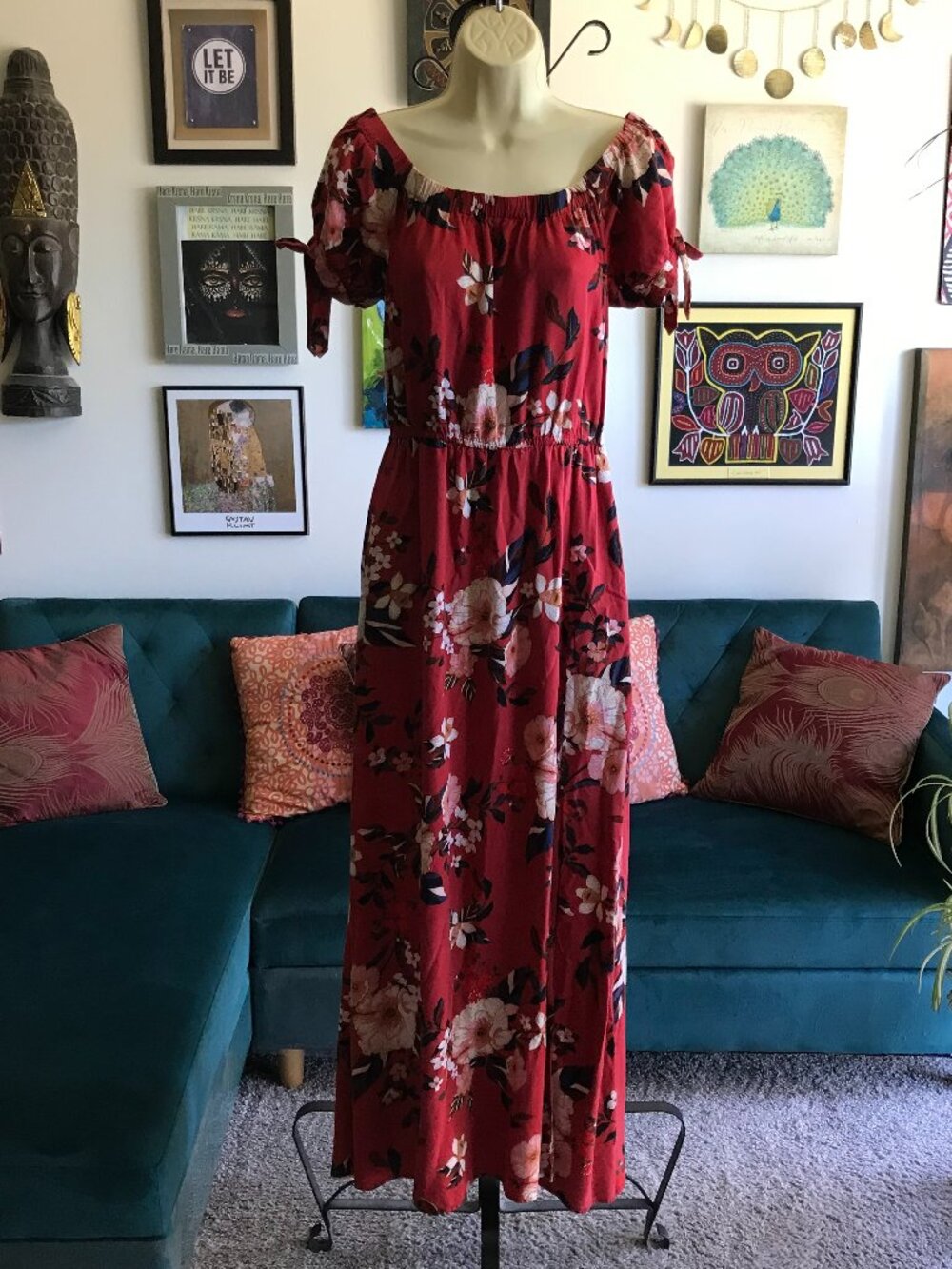 BAND OF GYPSIES size M Red & Blue Floral Long Off The Shoulder Maxi Dress